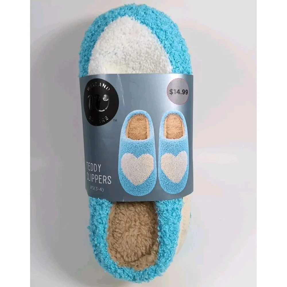 Wayland Square Heart Teddy Slippers Women's Size XS X-Small (3-4) Blue & White